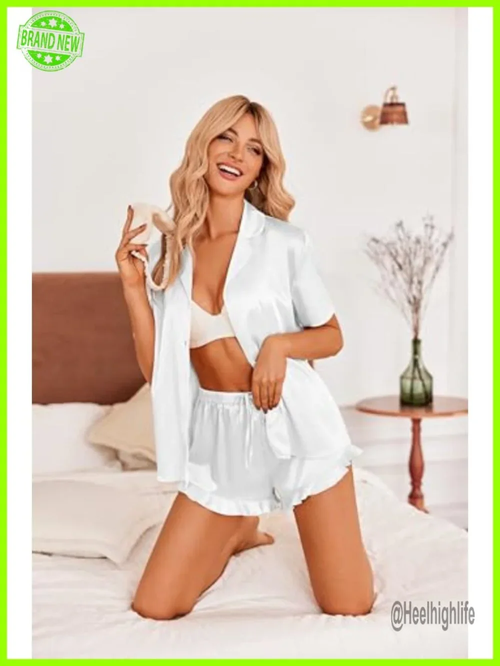 Satin Pajamas Set Button Down 2 Piece Silk Pjs Shorts Set Ruffle Notch Collar